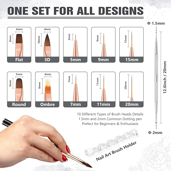 Nail Art Bushes Set, Professional 5Pcs Double-Ended Nail Brush Kit for Details, Long Lines, Ombre & 3D Design-Perfect for DIY Manicures & Salons (Black)-BrightBean Baby