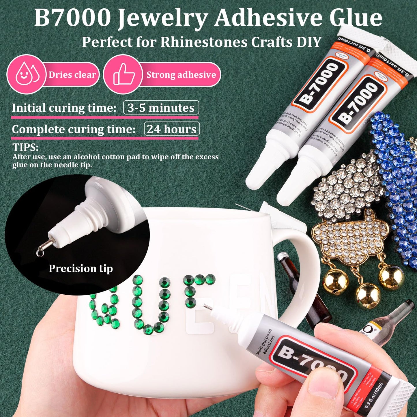 Resin Rhinestones for Crafting with B7000 Jewelry Glue, 1 Box Dark Green Flatback Crystals with 3Pcs 10ml Glue for Bedazzling Crafts DIY Nail Art Makeup，Non Hotfix Gems for Clothing Shoes-BrightBean Baby