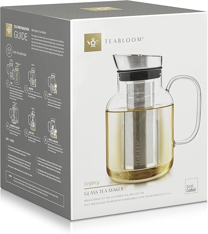 Teabloom 100% Plastic-Free Large Multi-Brew Borosilicate Glass Teapot + Kettle + Pitcher – Steep and Serve Hot Tea, Iced Tea, Cold Brew Tea and Fruit Infused Water – Legacy Tea Maker