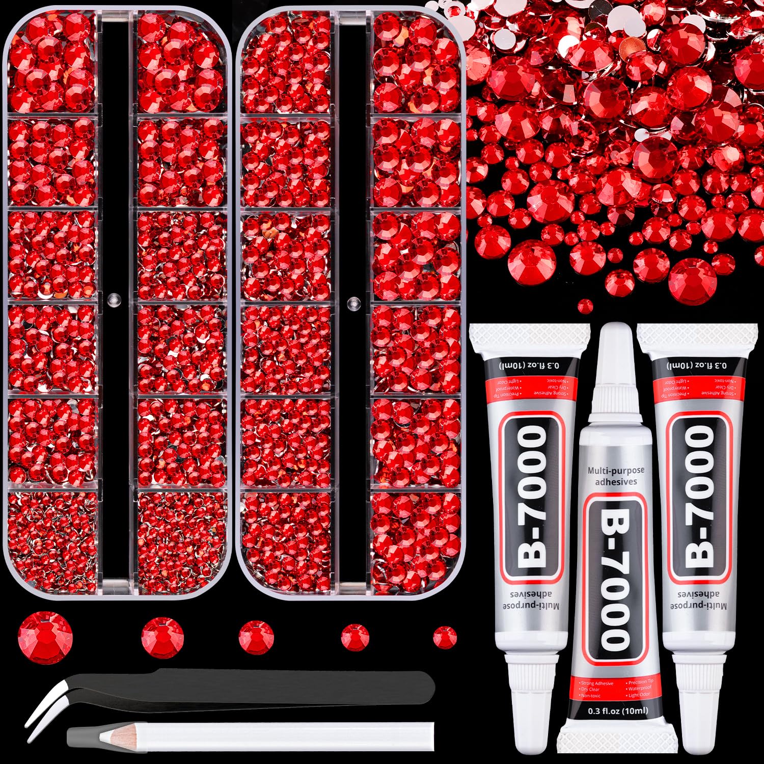 Resin Rhinestones for Crafting with B7000 Jewelry Glue, 2 Boxes Red Flatback Crystals with 3Pcs 10ml Glue for Bedazzling Crafts DIY Nail Art Makeup，Non Hotfix Gems for Clothing Shoes-BrightBean Baby