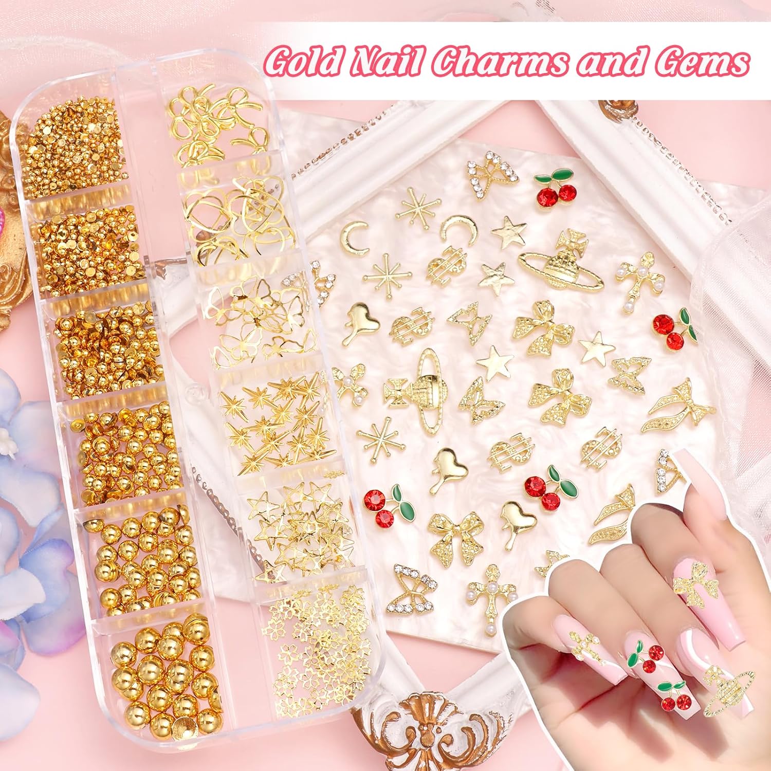 2 Boxes Alloy Gold Nail Charms, 3D Butterfly Star Cherry Nails Gems Charms, Mixed Shapes Golden Bows Heart Star Nail Studs Gold Flatback Pearls Beads for Nails Art Design DIY Accessories-BrightBean Baby