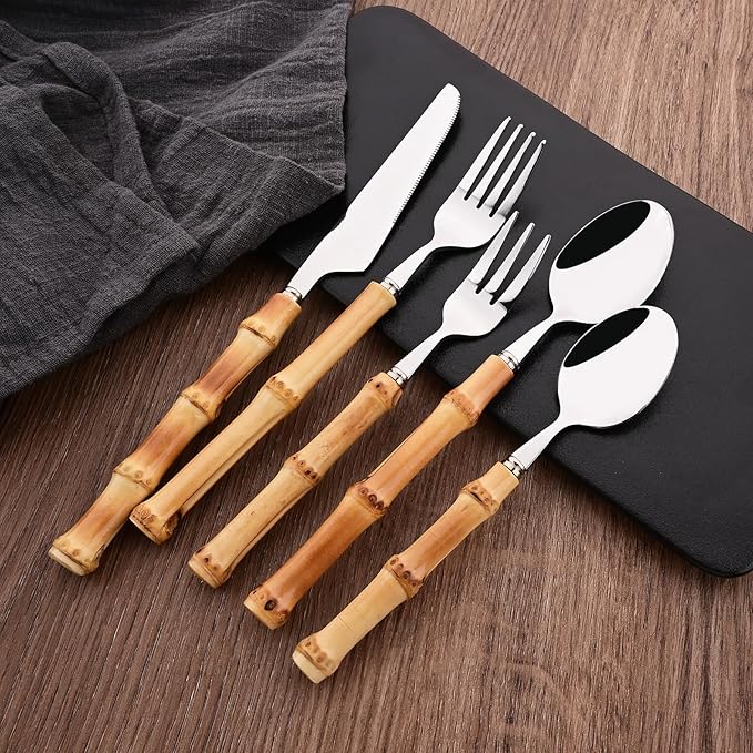 Dinner Fork Set, 8-Piece Natural Bamboo Forks, 18/8 Stainless Steel with Bamboo Handle, Silver Mirror Finish, Unique Design, 8.27 Inch