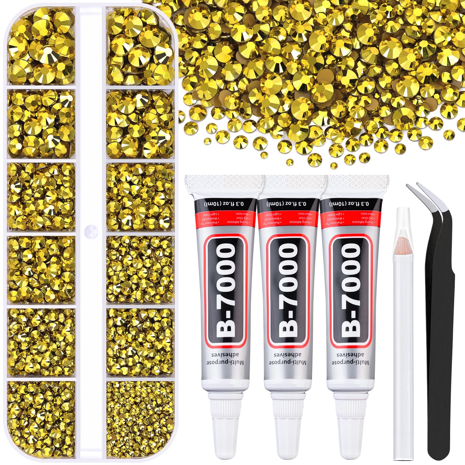6000Pcs Resin Rhinestones for Bedazzling with 3Pcs B7000 Jewelry Glue, 1 Box Bright Gold Flatback Rhinestones for Crafting Crafts DIY, Crystals Gems for Clothing Shoes Tumblers Nail Art Makeup-BrightBean Baby