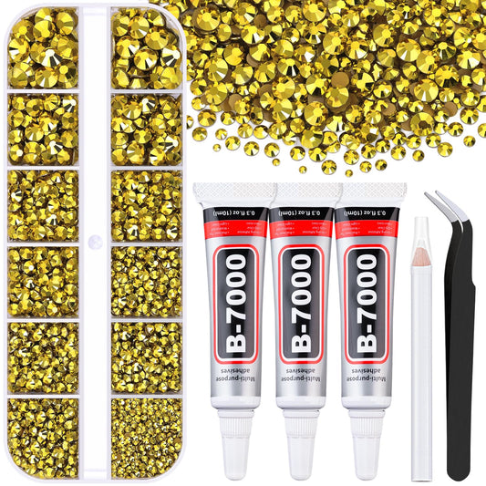 6000Pcs Resin Rhinestones for Bedazzling with 3Pcs B7000 Jewelry Glue, 1 Box Bright Gold Flatback Rhinestones for Crafting Crafts DIY, Crystals Gems for Clothing Shoes Tumblers Nail Art Makeup-BrightBean Baby
