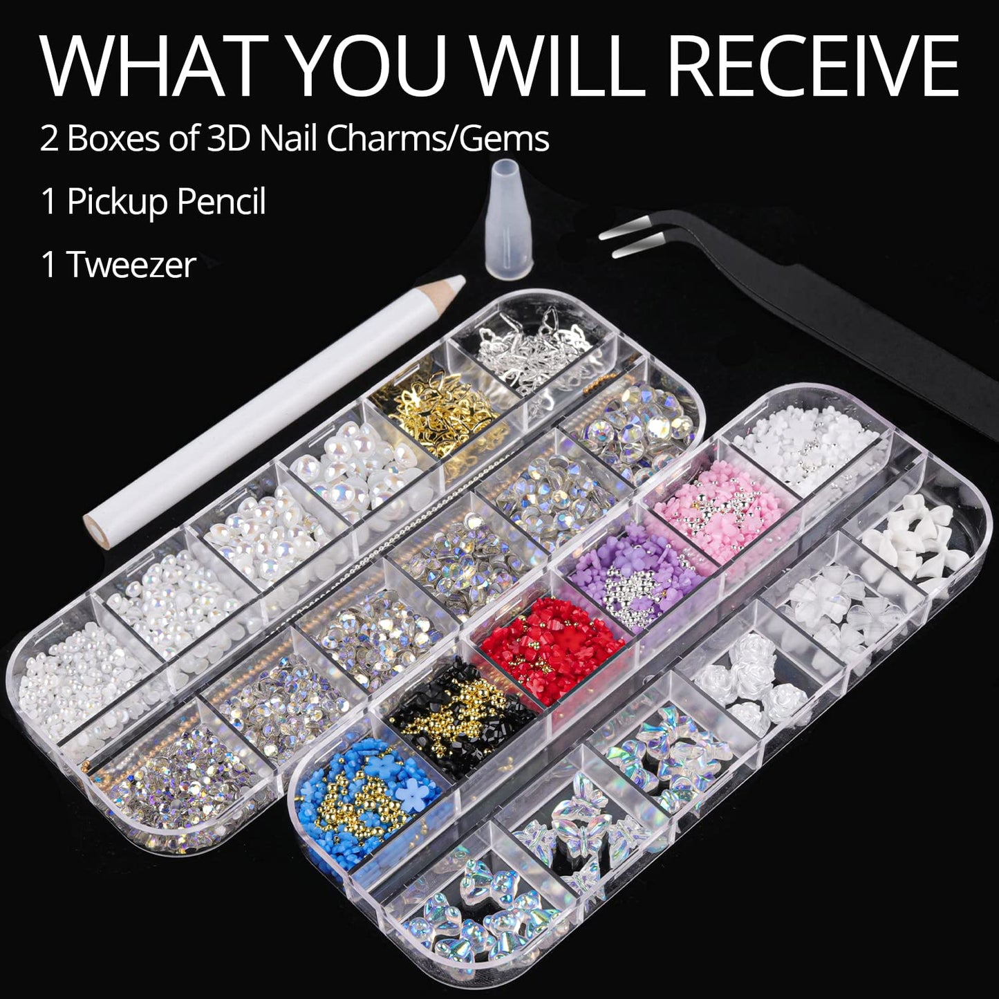 Mixed 3D Nail Art Gem Decoration Accessories Kit #11, Aurora Bear Bow Butterfly Starry AB Rhinestone Charm Jewelry for Deco, Pearl Flower Caviar Bead Stone Crystal with Pickup Pencil and Tweezer-BrightBean Baby