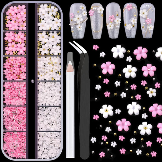 3D Nail Flowers Charms,White Pink Acrylic Flower with Caviar Beads,Rhinestones for Nails 3D Nail Charms for Acrylic Nails for Manicure Salon DIY Nail Art Decor with Pickup & Dotting Tools-BrightBean Baby