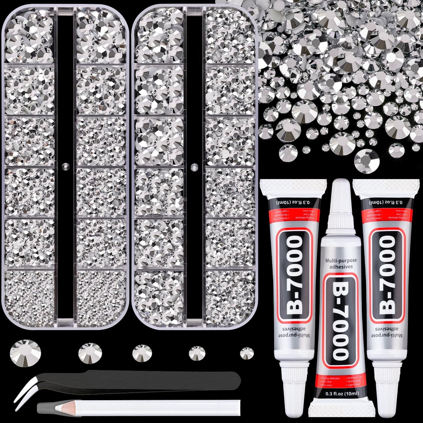 Resin Rhinestones for Crafting with B7000 Jewelry Glue, 2 Boxes Sliver Flatback Crystals with 3Pcs 10ml Glue for Bedazzling Crafts DIY Nail Art Makeup，Non Hotfix Gems for Clothing Shoes-BrightBean Baby