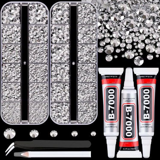 Resin Rhinestones for Crafting with B7000 Jewelry Glue, 2 Boxes Sliver Flatback Crystals with 3Pcs 10ml Glue for Bedazzling Crafts DIY Nail Art Makeup，Non Hotfix Gems for Clothing Shoes-BrightBean Baby
