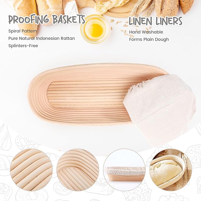 14.5inch Oval Bread Dough Proofing Rising Rattan Basket & Liner Combo for Professional & Home Baking (2 basket & 2 liner)