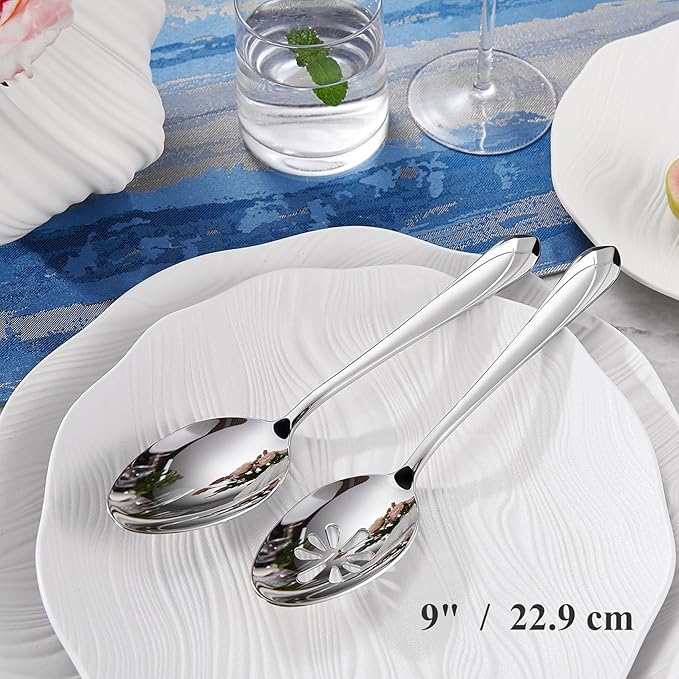 KEAWELL Premium Astra 4-Piece 9 inch Spoon Set – Mirror-Finished 18/10 Stainless Steel with Diamond-Faceted Handles Dishwasher Safe for Modern Dining (4, Serving Spoons and Slotted Spoons)