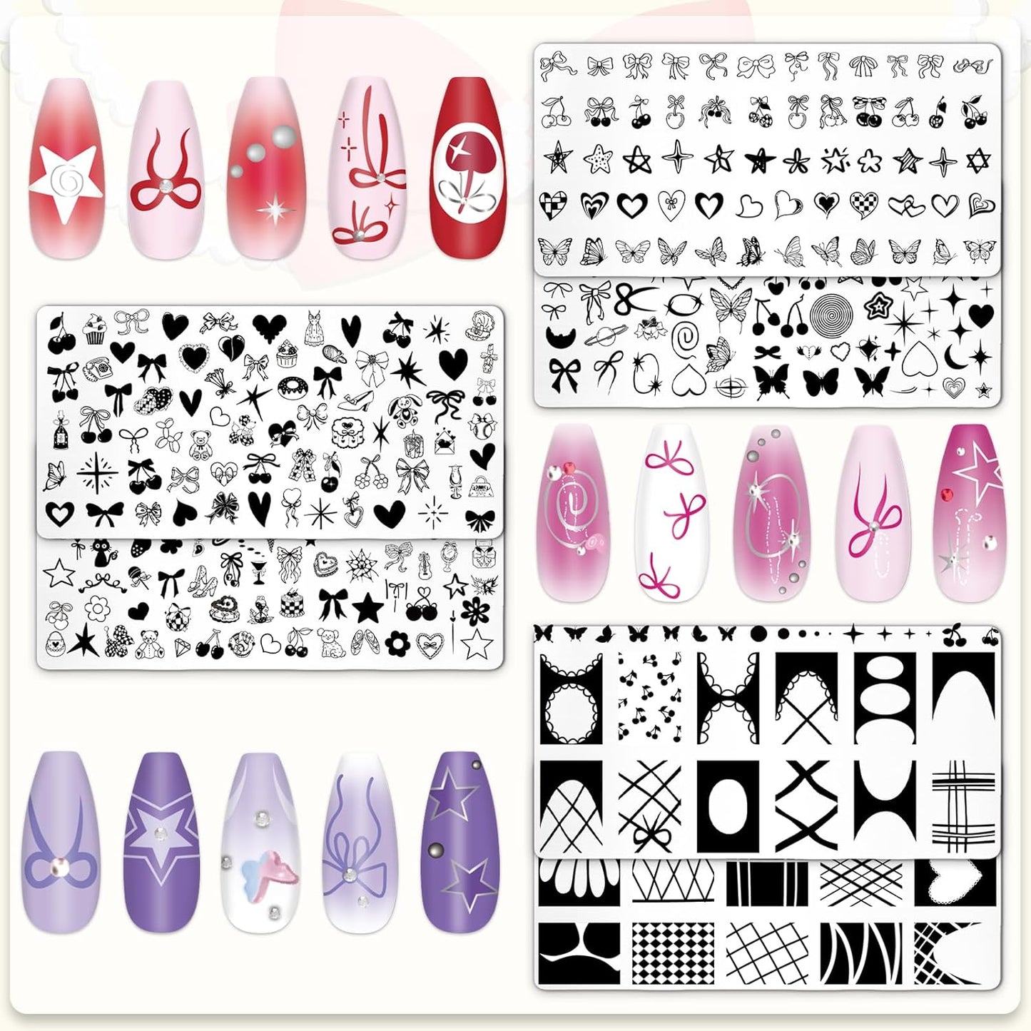 Whaline 6Pcs Coquette Nail Plates Stamping Set Bow Cherry Heart Stamp Templates Nail Art Plates for DIY Print Manicure Salon Design-BrightBean Baby