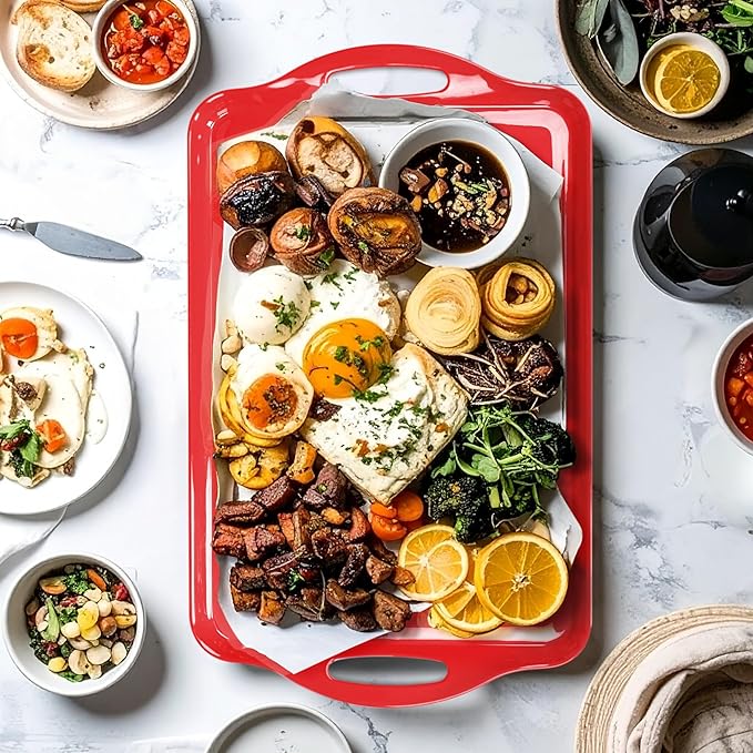 Red Christmas Serving Tray with Handles, 19''x11.6'' Extra Large Red，Melamine Platters Set of 2, Rectangular Trays for Serving Food, Turkey, Cookie, Cupcakes, Desserts, Dishwasher Safe, BPA-Free