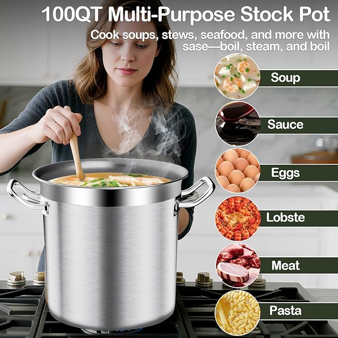 Stainless Steel Stock Pot,100 QT Large Stock Pot with Lid, Heavy Duty Tri-Ply Bottom Commercial Grade Stock Pots for Boiling Cooking Soup Stew Thick Bottom Deep Cookware Big Stockpots