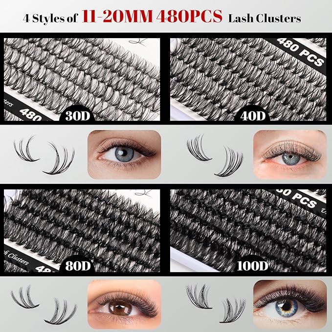 Lash Clusters 480 Clusters 60D 80D Thick Eyelash Extension 30D 40D Individual Eyelashes D Curl 11-20mm False Eyelash Multi-Style DIY Lash Extensions for Beginners(30D-80D-D, 11-20MIX)-BrightBean Baby