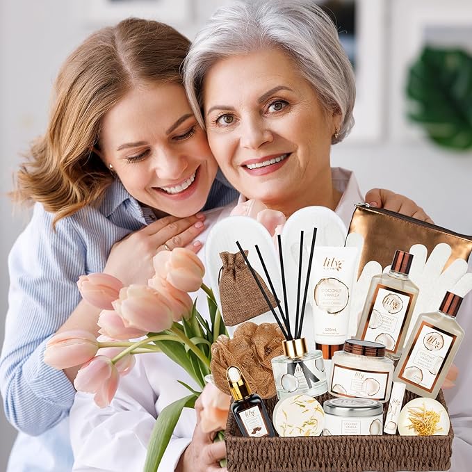 Bath and Body Gift Basket Set for Women - Coconut Vanilla Spa Gift Basket for Women 17-Piece Luxury Bath Gift Set with Shower Gel Self Care Pampering Gifts for Mothers Day, Christmas, Birthday Gifts-BrightBean Baby