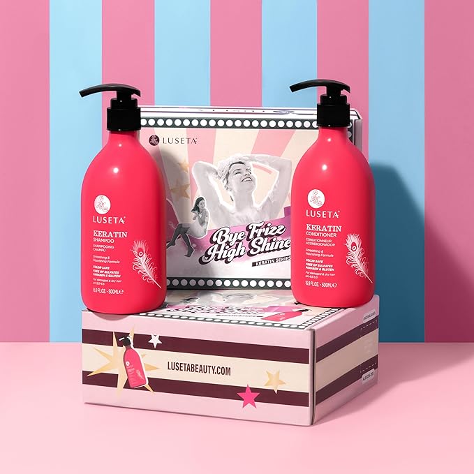 Luseta Keratin Shampoo Full + Travel Size Shampoo + Conditioner Set for Color Treated Damaged & Dry Hair, Keratin Hair Treatment for Smoothing& Nourishing (2x16.9 FL Oz + 2x1.01 FL Oz)-BrightBean Baby