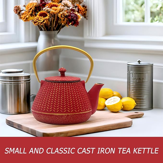 Small Cast Iron Tea Kettle for Stovetop Safe, Red Tea Pot Coated with Enameled Interior, Durable Teapot with Stainless Steel Infuser for Loose Leaf (1000ml/34oz)