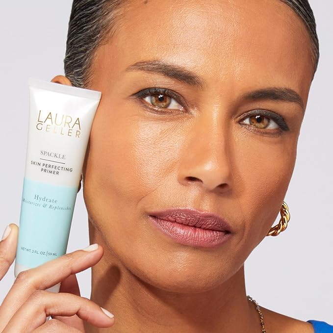 LAURA GELLER NEW YORK Laura's Must-Haves Kit 3pc: Baked Balance-n-Brighten Powder Foundation, Tan + Spackle Skin Perfecting Makeup Primer, Hydrate + Airbrush Round Kabuki Brush-BrightBean Baby
