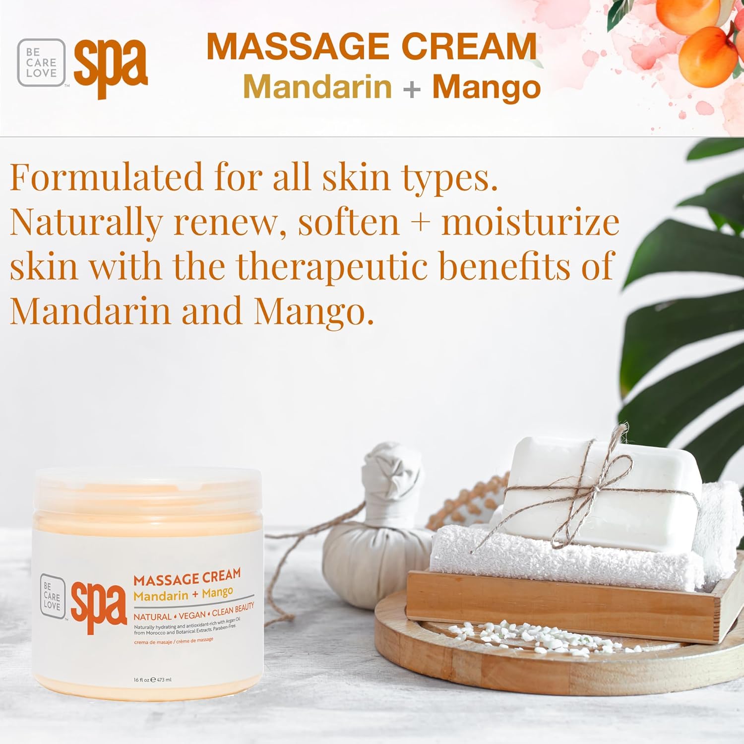 BCL SPA Massage Cream organic Mandarin + Mango body lotion with shea butter, aloe vera, peppermint, argan and jojoba oils, body cream to invigorate, hydrate and soften the skin. Home/Pro use 16 fl oz-BrightBean Baby