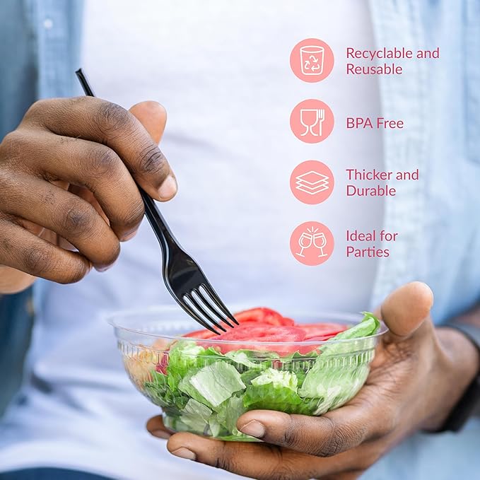 Prestee 100 Black Plastic Forks Heavy-Duty, Heavyweight Plastic Silverware Forks, Fancy Cutlery, Elegant Disposable Forks Pack, Bulk Disposable Flatware, Christmas Holiday Plastic Utensils Set