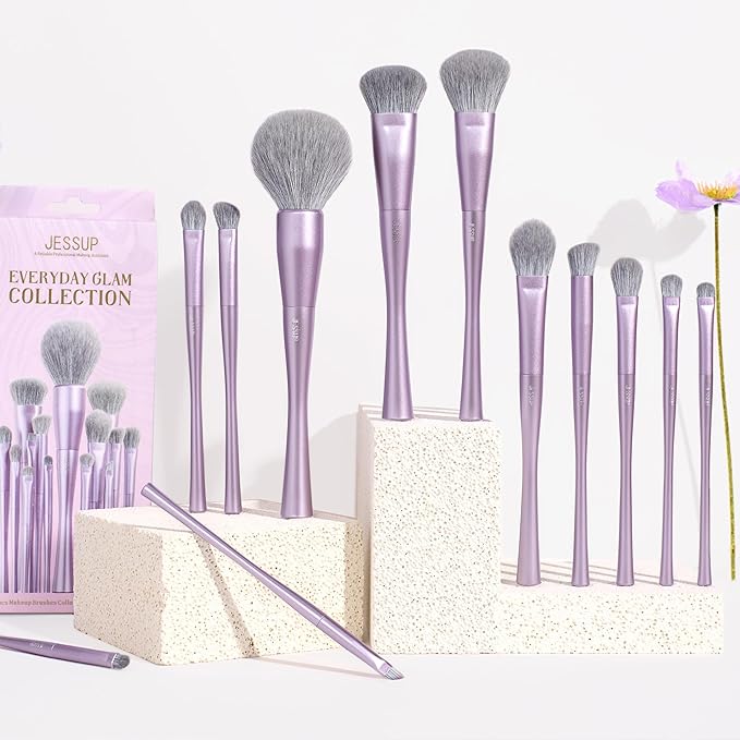 Jessup Makeup Brushes Set Professional 14pcs Vegan Make Up Brushes, Foundation Eyeshadow Concealer Contour Powder Blush Blending Eyeliner Brush, Premium Synthetic Fiber, Luxury Purple T512-BrightBean Baby