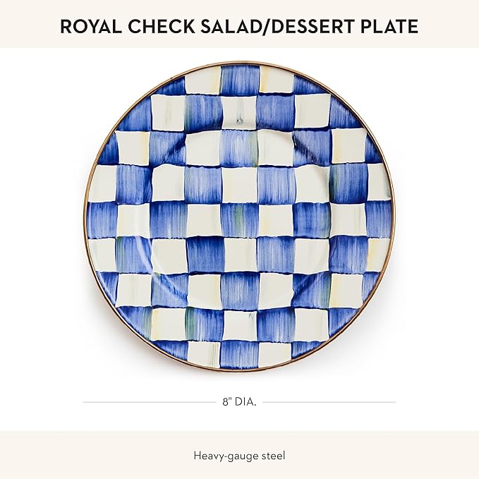 MACKENZIE-CHILDS Enamel Salad and Dessert Plate, Small Plate for a Dessert or Appetizer Dish, 8 Inches, Blue-and-White Royal Check