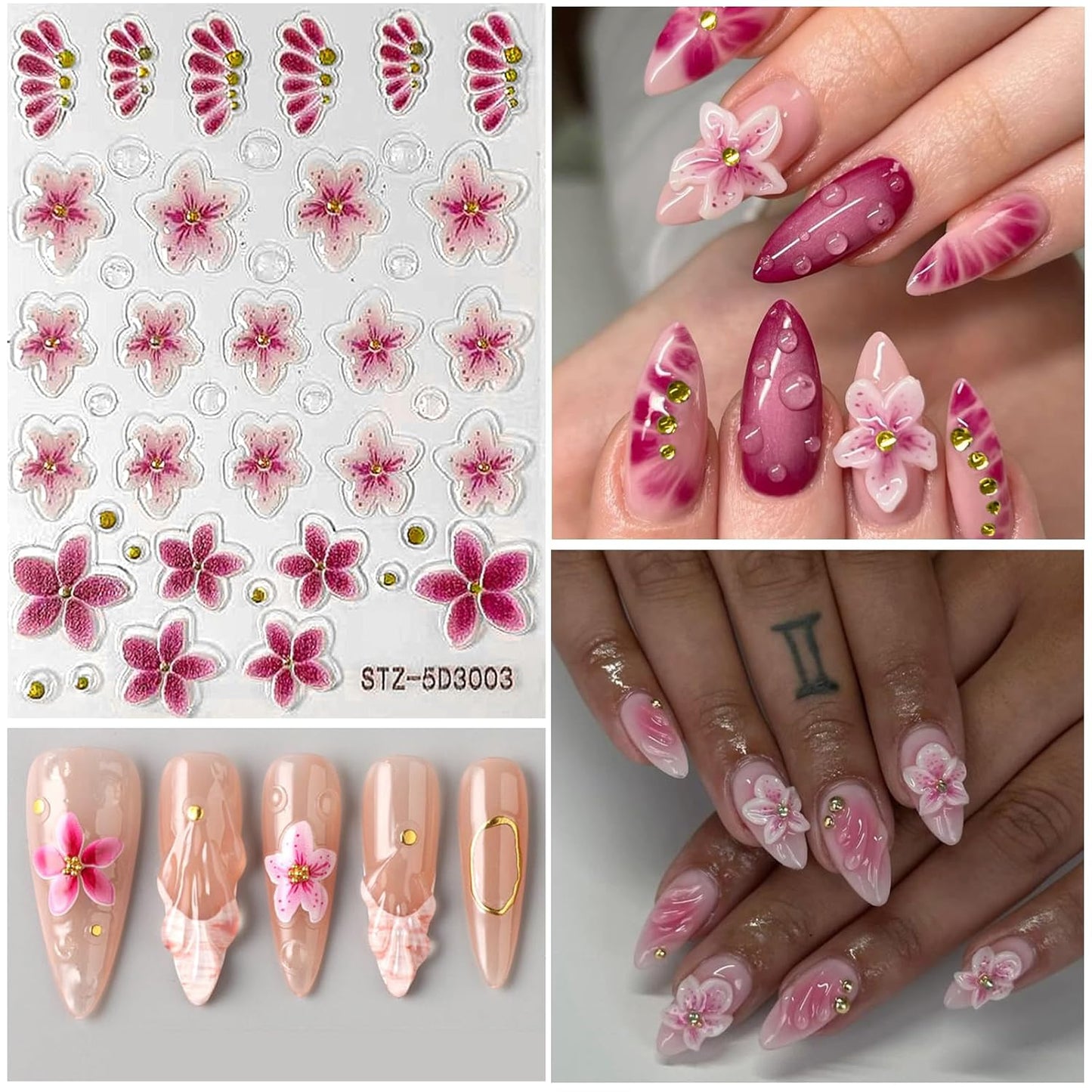 Flower Nail Art Stickers 5D Embossed Nail Decals Spring Summer Colorful Flower Nails Design Self-Adhesive 3D Accessories for Women Nails DIY Decoration(6 Sheets)-BrightBean Baby