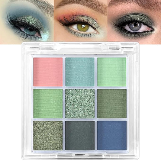 Erinde 9 Colors Eyeshadow Palette, Matte Shimmer Glitter Eye Shadow Palette Makeup, Highly Pigmented Long Lasting Waterproof, Natural Neutral Nude Eyeshadow Make Up Pallet, Blue Green-BrightBean Baby