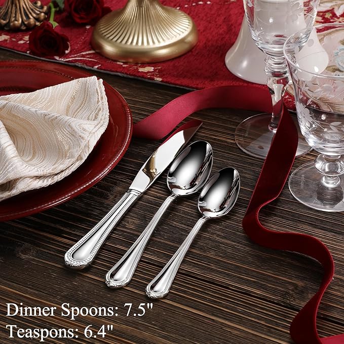 KEAWELL Pearl Edge 4-Piece Premium Spoon Set, 18/10 Stainless Steel, Fine Silverware Spoons with Refined Bead Design, Brightly Polished, Dishwasher Safe (Silver, 6.4" Teaspoons)