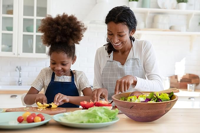 Large Wooden Salad Bowl Set - 1/2" Thick Mango Wood Serving Bowl with Utensils, Rustic Wooden Mixing Bowls, Decorative Kitchen Dinnerware for Popcorn, Pasta, & Chips, Dishes - 12 Inch