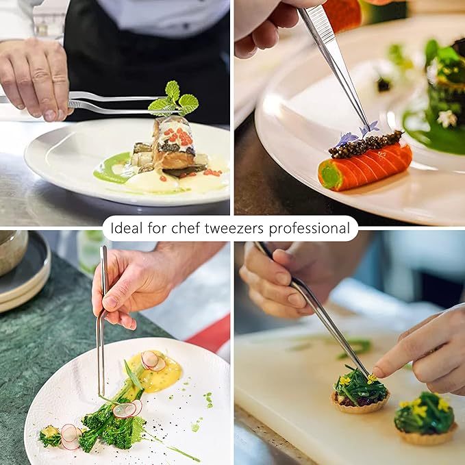 6.3 Inch Food Tweezers Stainless Steel with Precision Serrated Tips, 5PCS Kitchen Tweezers Set for Cooking, Baking, Cookie Cake Decoration, Metal Plating Tweezers