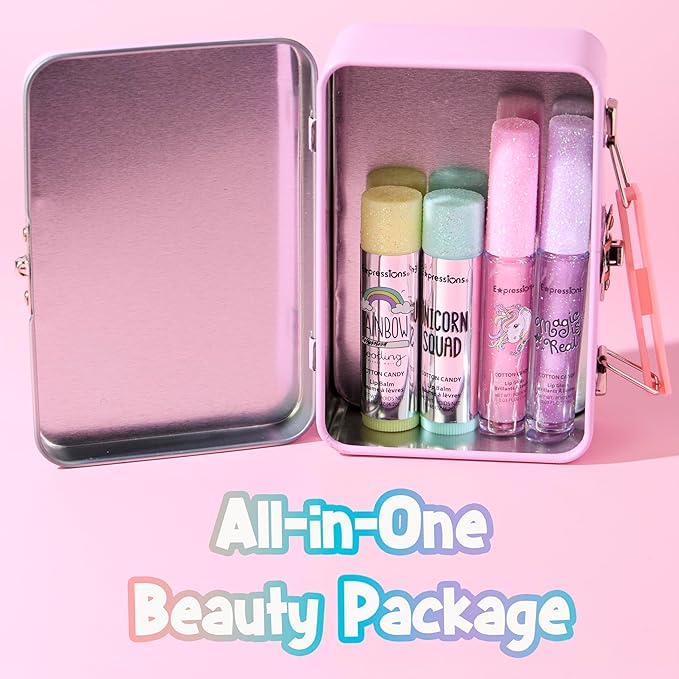 Expressions 5pc Cosmetics Lip Kit For Kids w/Lip Glosses, Lip Balms & Tin Box Storage Case I Believe in Unicorns Rhinestone,Washable + Non Toxic-BrightBean Baby