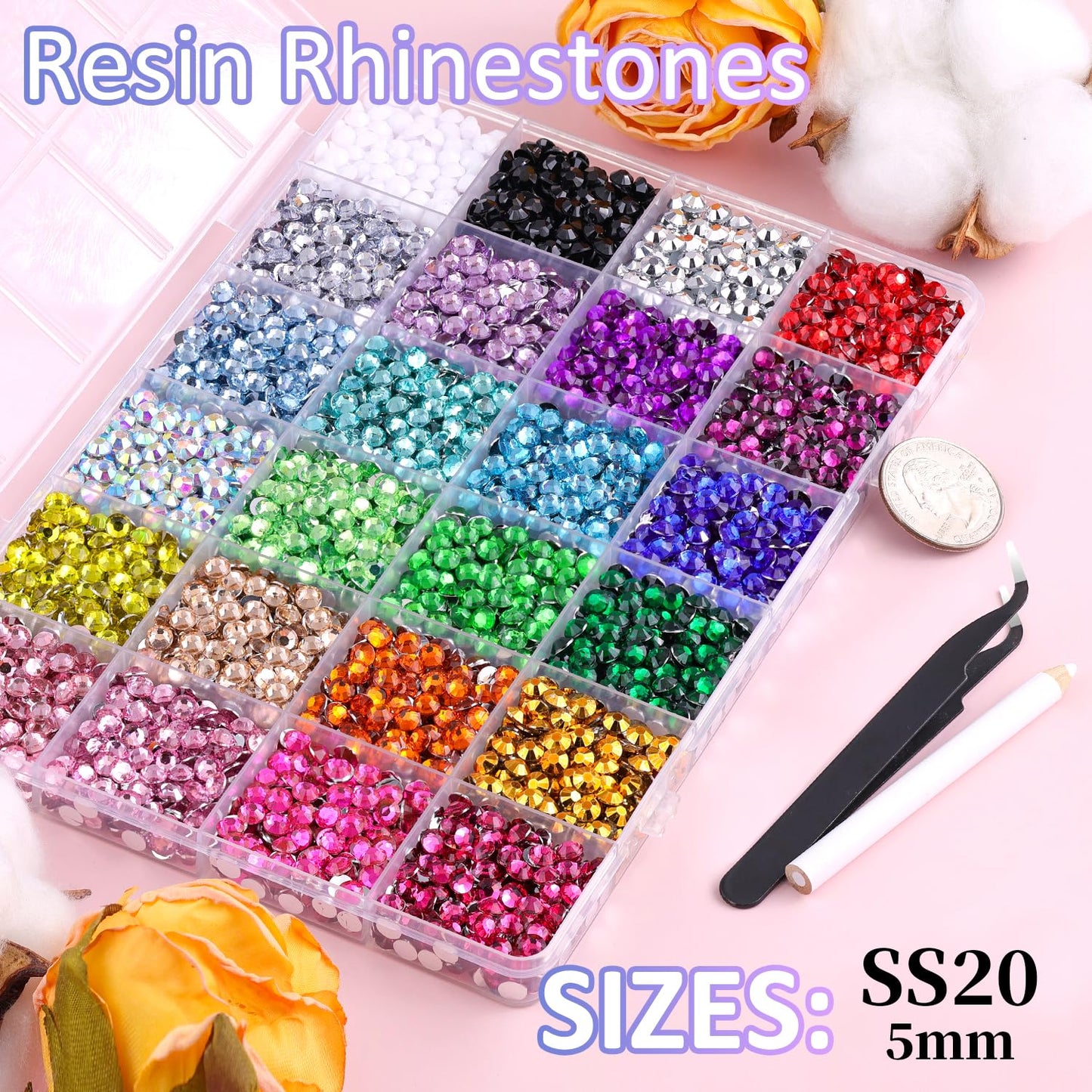 6600Pcs Resin Rhinestones for Crafting with Tweezers, Multicolor 5mm Bedazzling Crystal with 3Pcs 10ml B7000 Jewelry Glue for DIY Crafts Clothing Tumblers Shoes Fabric Nail Art-BrightBean Baby