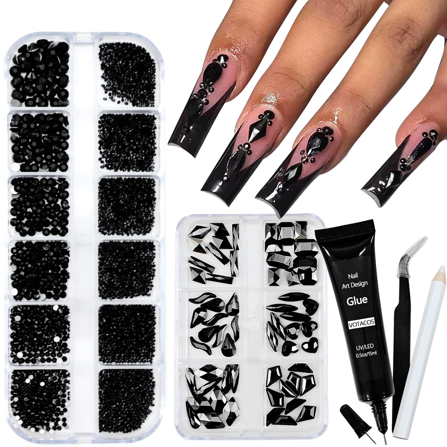 Nail Art Rhinestones with Glue Gel Flatback Nail Charms Luxurious Supplies Accessories Champagne Nails Gems Jewelry for Women Nails DIY Design Decoration,Black-BrightBean Baby