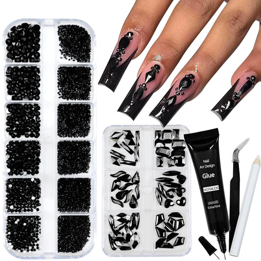 Nail Art Rhinestones with Glue Gel Flatback Nail Charms Luxurious Supplies Accessories Champagne Nails Gems Jewelry for Women Nails DIY Design Decoration,Black-BrightBean Baby