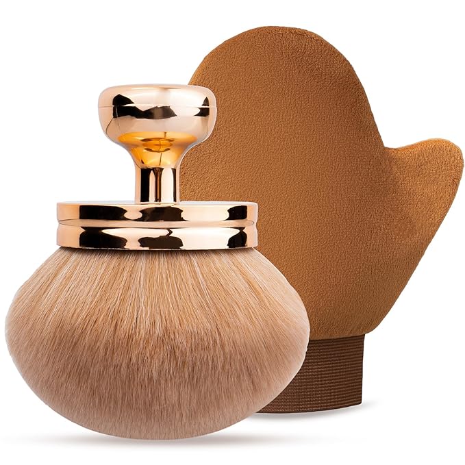 Self Tanning Brushes- Blend & Blur Extra Large Body Makeup Brush & Tanning Mitt, 2 Pcs, Kabuki Body Brush Applicator for Tan, Foundation, Self Tanner Glove for Application, Mousse, Lotion (Rose Gold)-BrightBean Baby