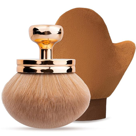 Self Tanning Brushes- Blend & Blur Extra Large Body Makeup Brush & Tanning Mitt, 2 Pcs, Kabuki Body Brush Applicator for Tan, Foundation, Self Tanner Glove for Application, Mousse, Lotion (Rose Gold)-BrightBean Baby