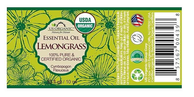 US Organic 100% Pure Lemongrass Essential Oil, USDA Certified Organic, Extracted by Steam Distillation Method, for Hair, Nail Polish Remover, Bees Attraction, and More. 10 ml-BrightBean Baby