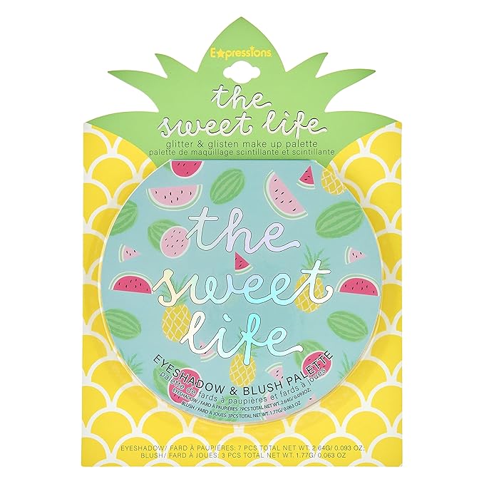 Expressions The Sweet Life Glisten & Glitter Makeup Palette 10 Color Eyeshadow Palette & Blush Makeup Novelty Beauty Set, Fold Out Compact with Mirror,Washable, Non-Toxic-BrightBean Baby