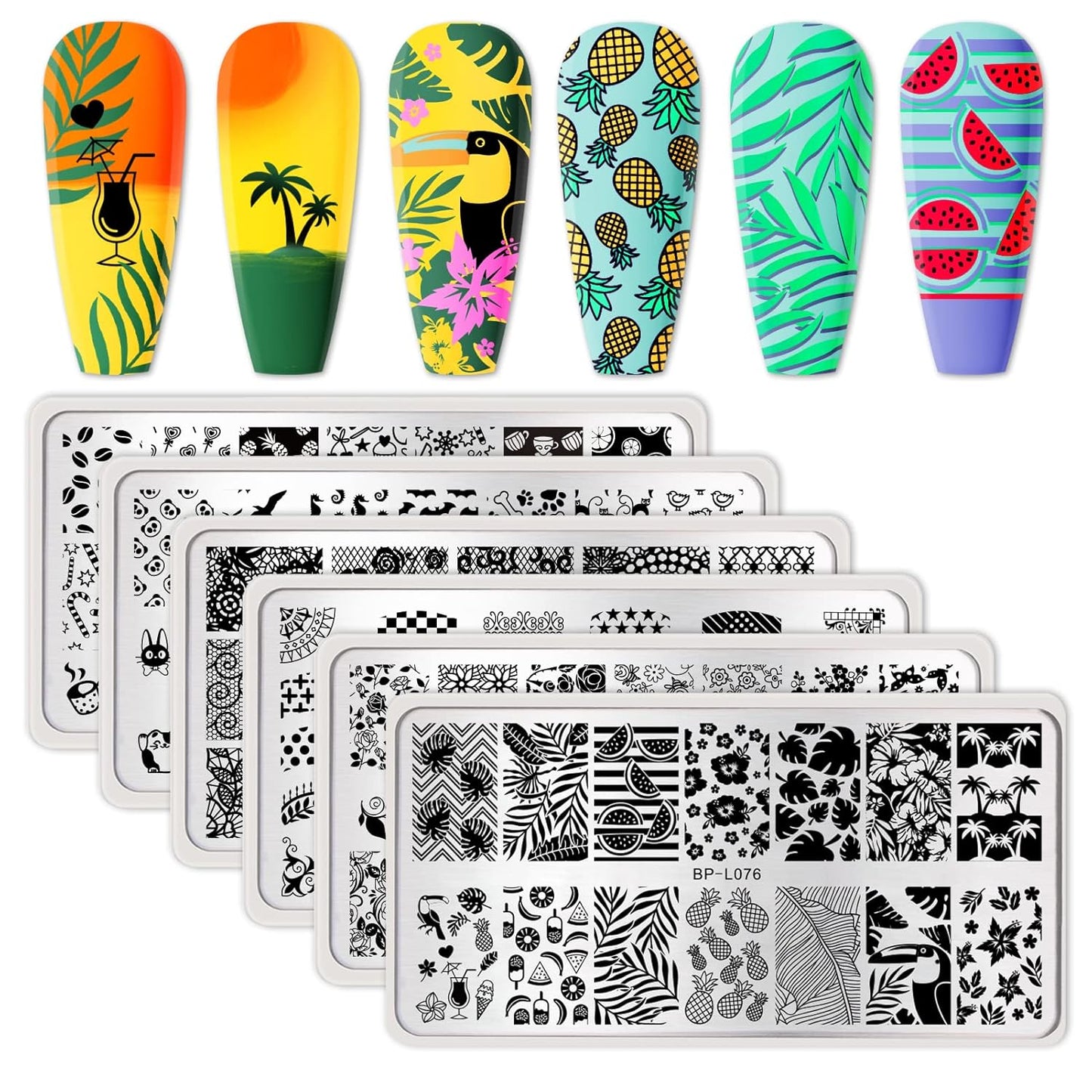 BORN PRETTY Nail Art Stamping Plates Set, Food, Bunnies, Flowers, Lace, Tropical, French Tip Themes Manicuring DIY Nail Templates Plates Print Tool Set-BrightBean Baby