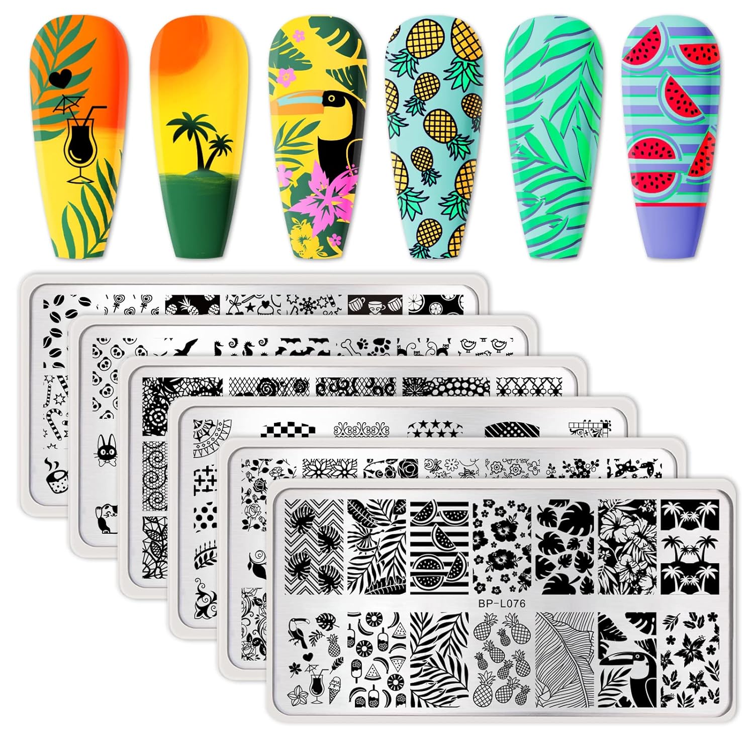 BORN PRETTY Nail Art Stamping Plates Set, Food, Bunnies, Flowers, Lace, Tropical, French Tip Themes Manicuring DIY Nail Templates Plates Print Tool Set-BrightBean Baby