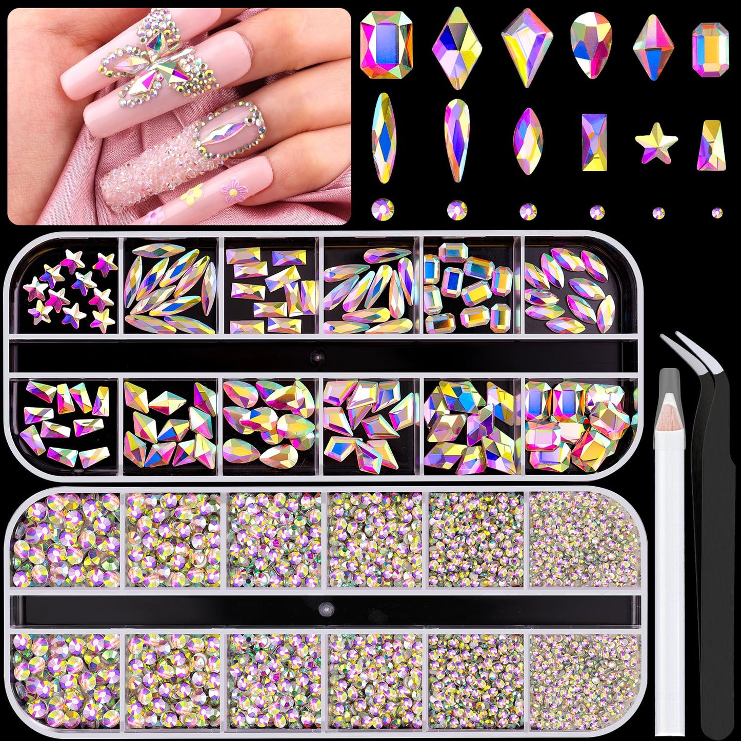 3220Pcs AB Glass Nail Rhinestones 120Pcs Multi Shapes Flatback Gems Crystal + 3100Pcs 1.5-4mm Round Beads, Manicure Diomand Jewelry Gemstones for Nail Design Makeup Acrylic Nails Decoration-BrightBean Baby