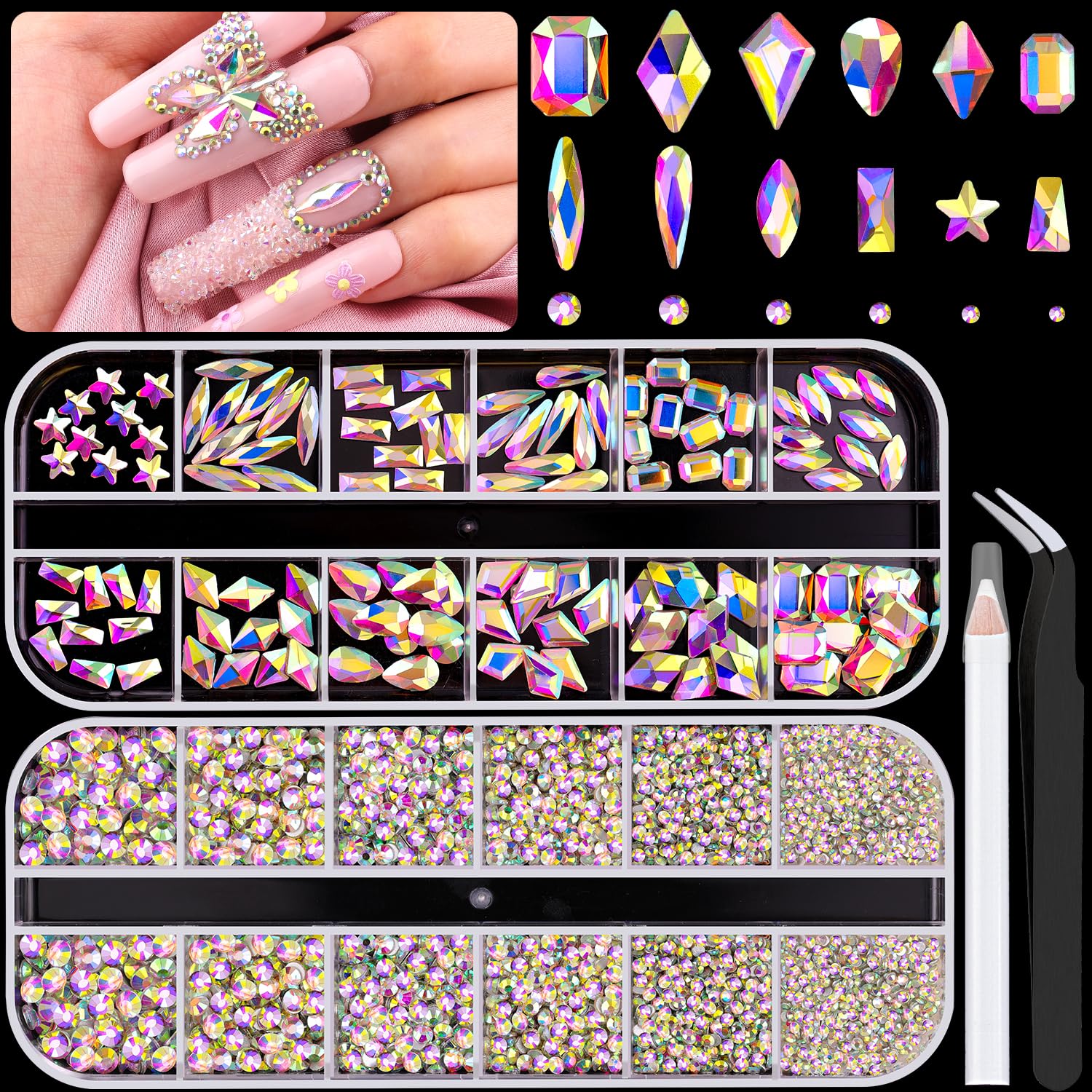 3220Pcs AB Glass Nail Rhinestones 120Pcs Multi Shapes Flatback Gems Crystal + 3100Pcs 1.5-4mm Round Beads, Manicure Diomand Jewelry Gemstones for Nail Design Makeup Acrylic Nails Decoration-BrightBean Baby