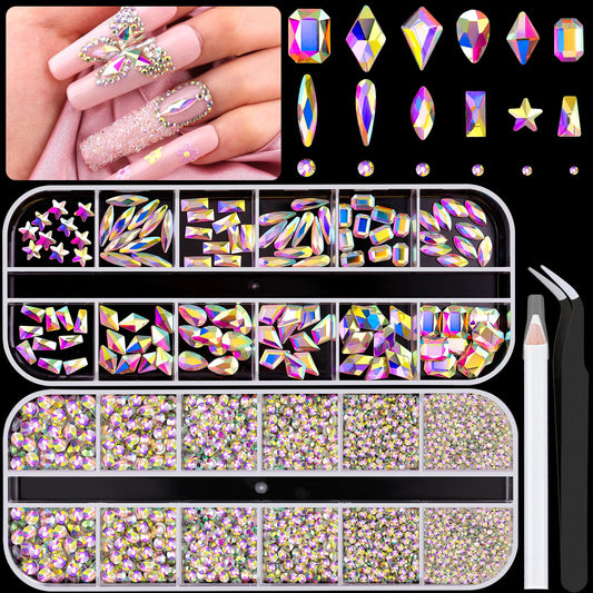 3220Pcs AB Glass Nail Rhinestones 120Pcs Multi Shapes Flatback Gems Crystal + 3100Pcs 1.5-4mm Round Beads, Manicure Diomand Jewelry Gemstones for Nail Design Makeup Acrylic Nails Decoration-BrightBean Baby