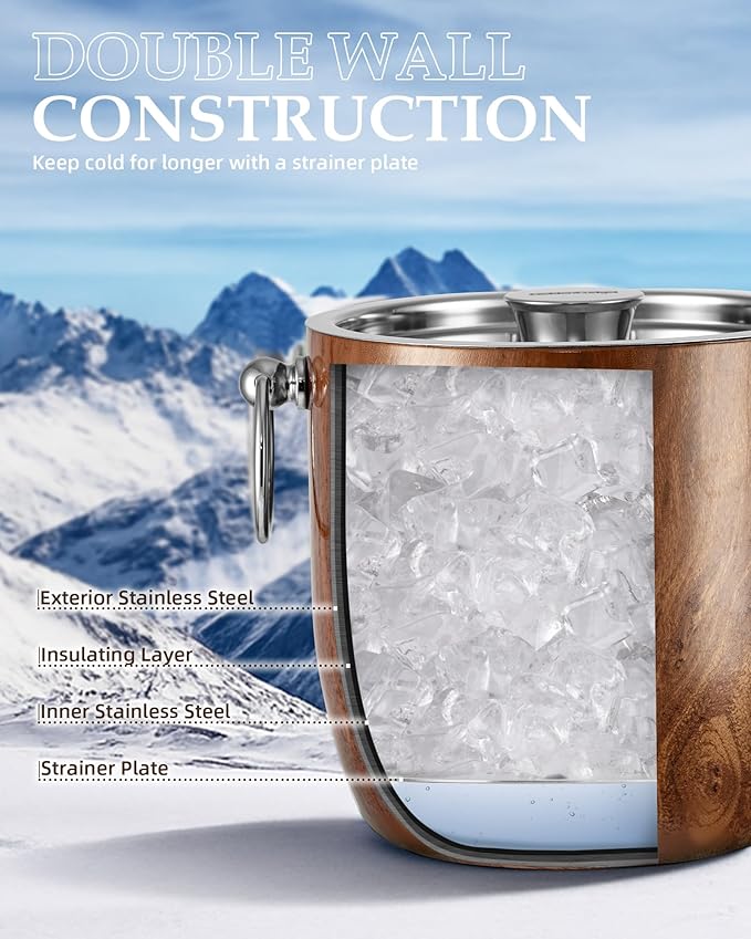 Insulated Ice Bucket, 3L Double Wall Stainless Steel Ice Bucket with Tongs,Lid, Scoop and Strainer, Ice Buckets for Parties,Cocktail Bars, Chilling Beer, Champagne, Wine Bottles,Wood
