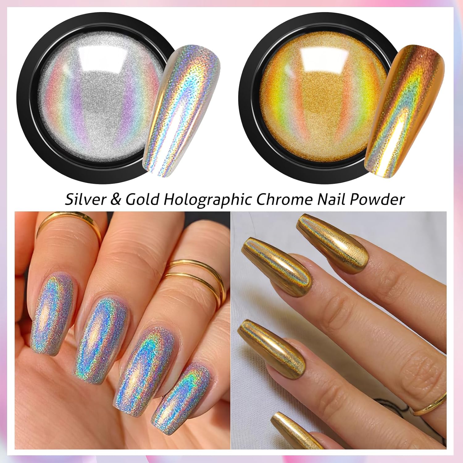 Gold Silver Chrome Nail Powder, 12 Colors Iridescent Holographic Unicorn Chrome Powder for Nails, Metallic Mirror Effect Rose Gold Champagne Nail Powder Pigment Glitter Foils Flakes Nail Art-BrightBean Baby