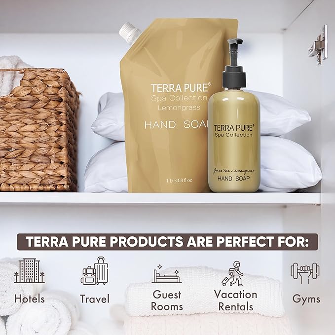 Terra Pure Spa Collection 1 Liter Hand Wash Refill Bag For Soap Dispensers | Bulk Toiletries for Vacation Rentals, and Home Bathroom Showers | Green Tea Lemongrass | Single-BrightBean Baby