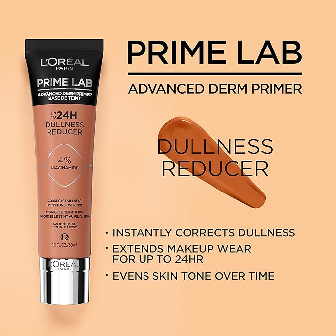 L'Oreal Paris Prime Lab Up to 24H Dullness Reducer, Face Primer Infused with Niacinamide to Reduce Face Dullness and Extend Makeup Wear, 1.01 Fl Oz-BrightBean Baby