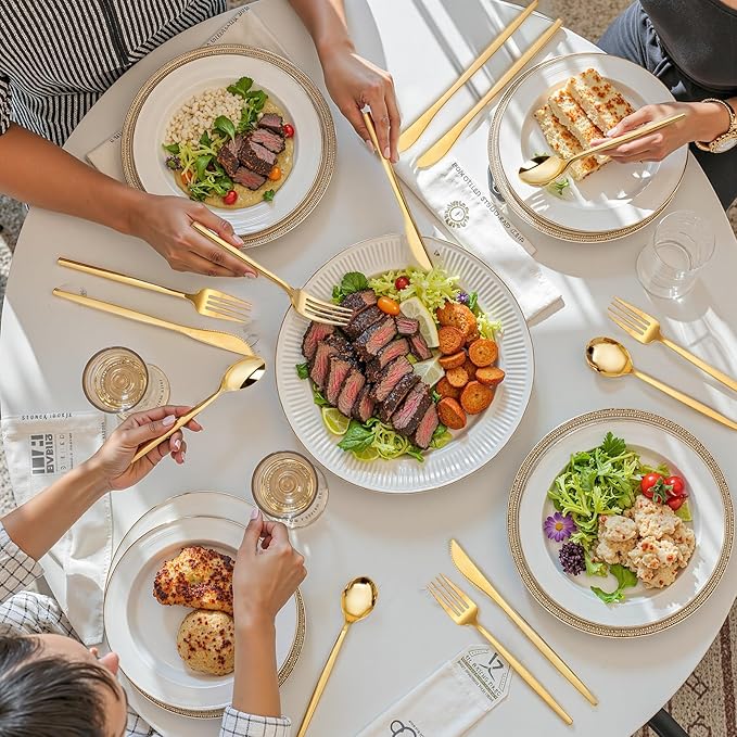 PULOTE 300PCS Gold Plastic Silverware Set Disposable - Heavy Duty Gold Utensils Set - Plastic Cutlery Disposable - Include 100 Knives, 100 Forks, 100 Spoons for Party & Wedding