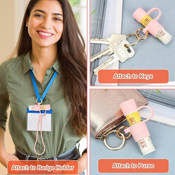 Desing Wish Silicone Lip Balm Holder with Cap Cover Portable Chapstick Holder Keychain Sleeve Lip Balm Key Chain with Key Ring and Wrist Strap Lanyard - Pink-BrightBean Baby